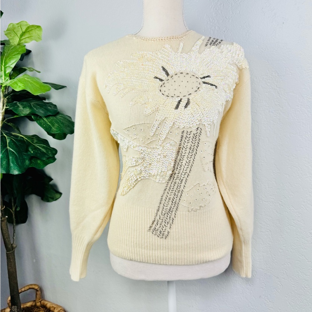 Vintage Sequins Embellished Ivory Cream Knit Floral Sweater